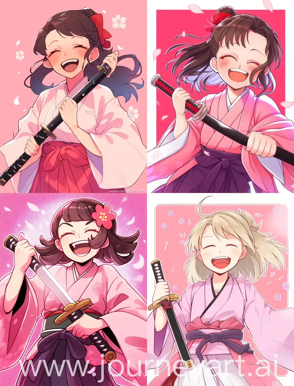 A girl with kimono laughing, holding a katana, pink background