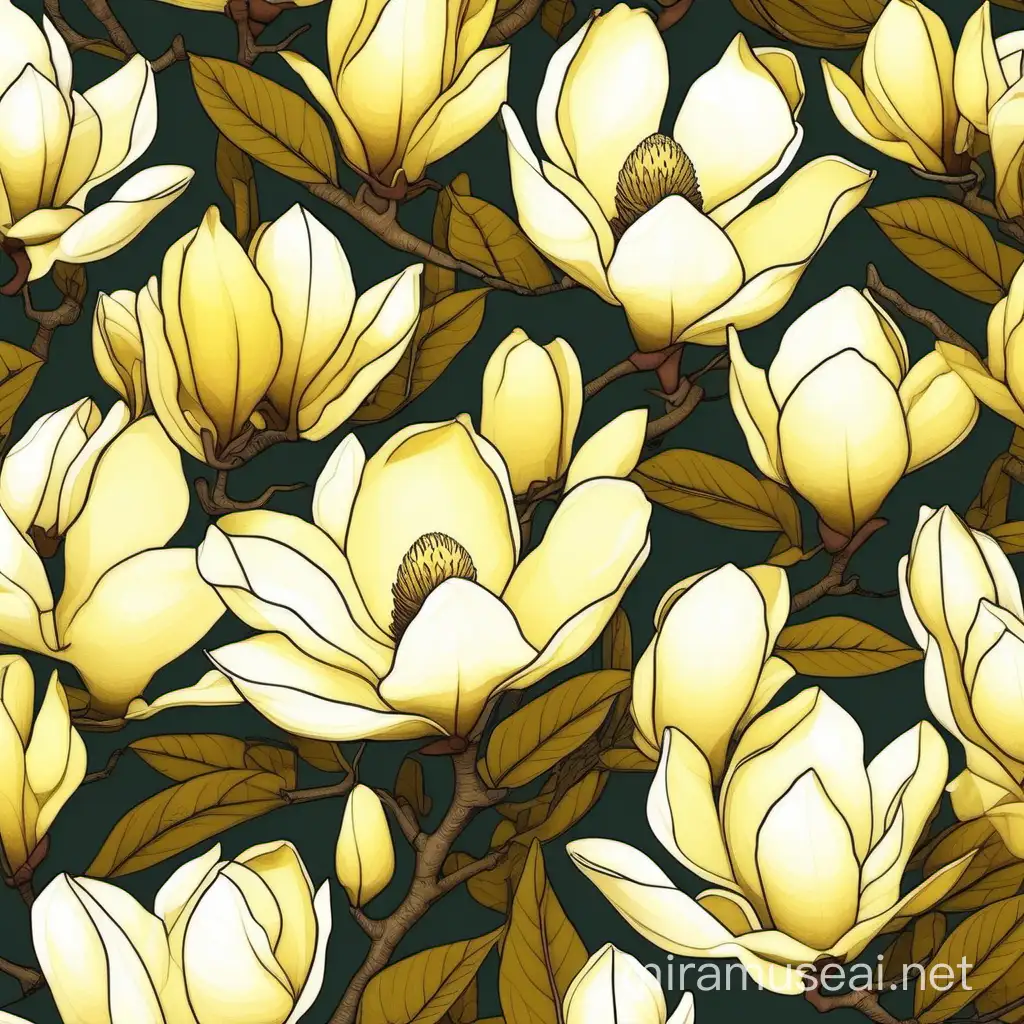 Mu Xia Style Magnolia Flower Illustrations in Tender Yellow