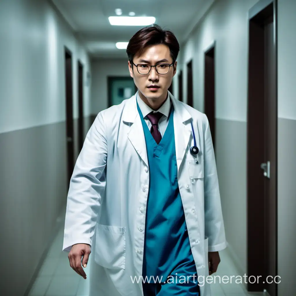 Мужчина красивый в очках главврач кореец идёт по каридору серьёзный