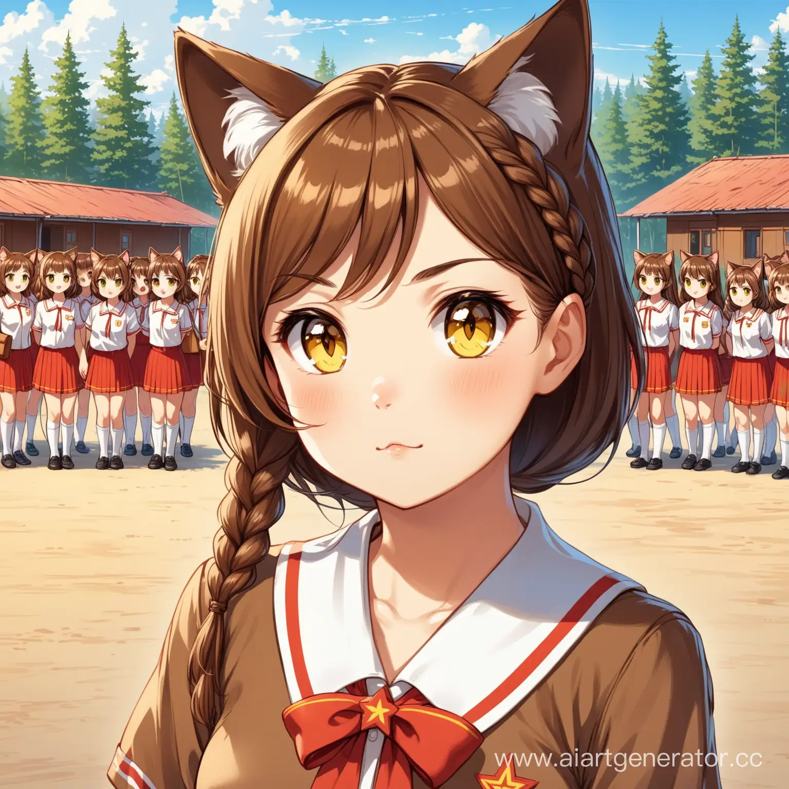 Soviet-Union-Summer-Camp-Catgirl-in-Brown-Uniform-with-Yellow-Eyes-and-Braided-Brown-Hair