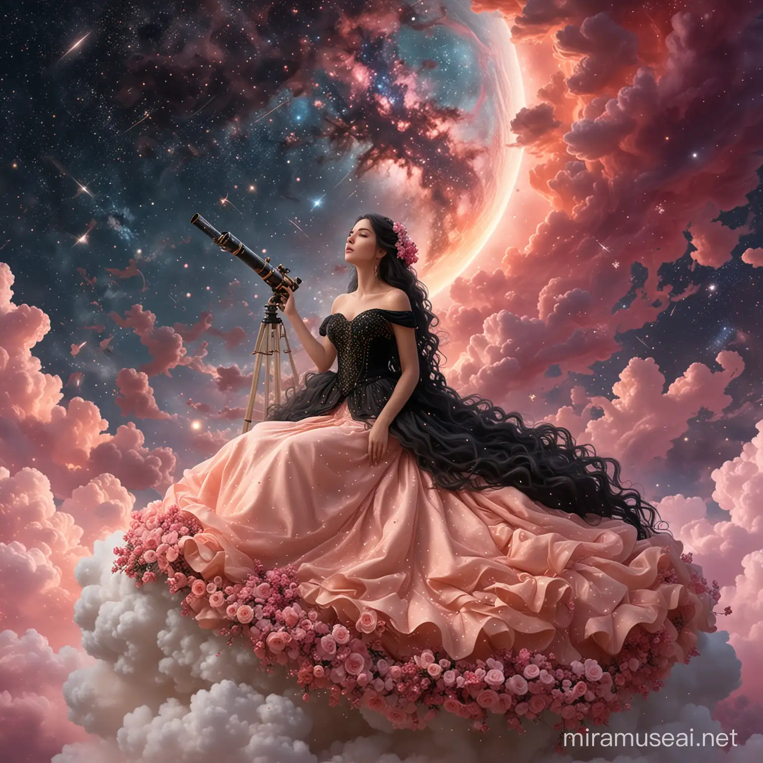 A beautiful woman, sitting on a cloud, watching the sky with her telescop, surrounded by small dark pink and beige flowers. Long wavy black hair. Elegant long salmon and black wedding dress, haute couture. Background nebula sky with golden light. Background constellation map. 8k, fantasy, illustration, digital art, illustration art, fantasy art, fantasy styl