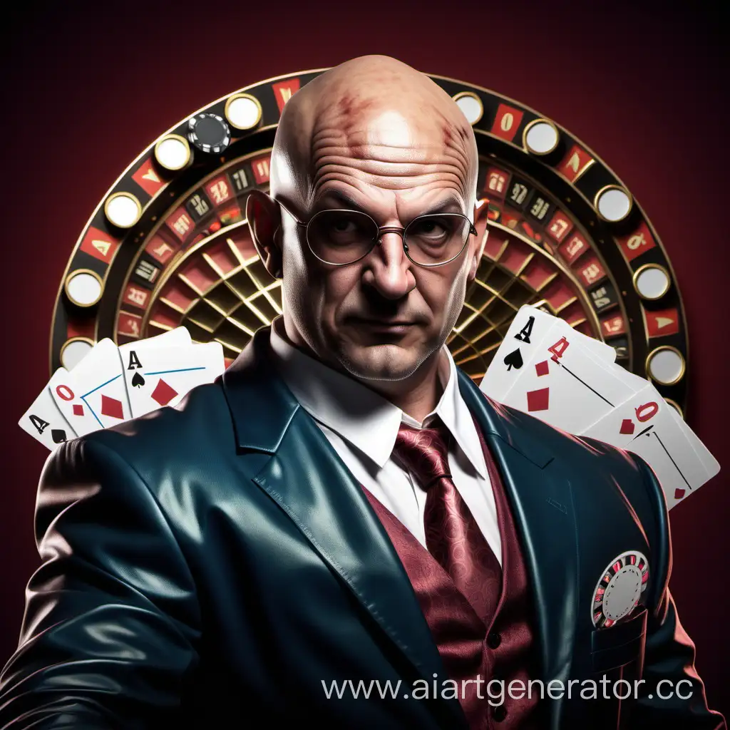 Create a thin and bald man in the style of a hog and do something interesting with a casino style background.

