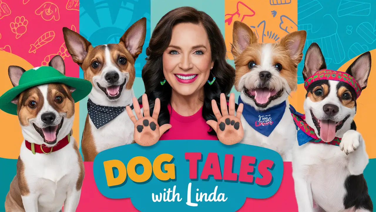 Colorful Channel Banner Dog Tales With Linda Illustration of Linda with Various Dogs