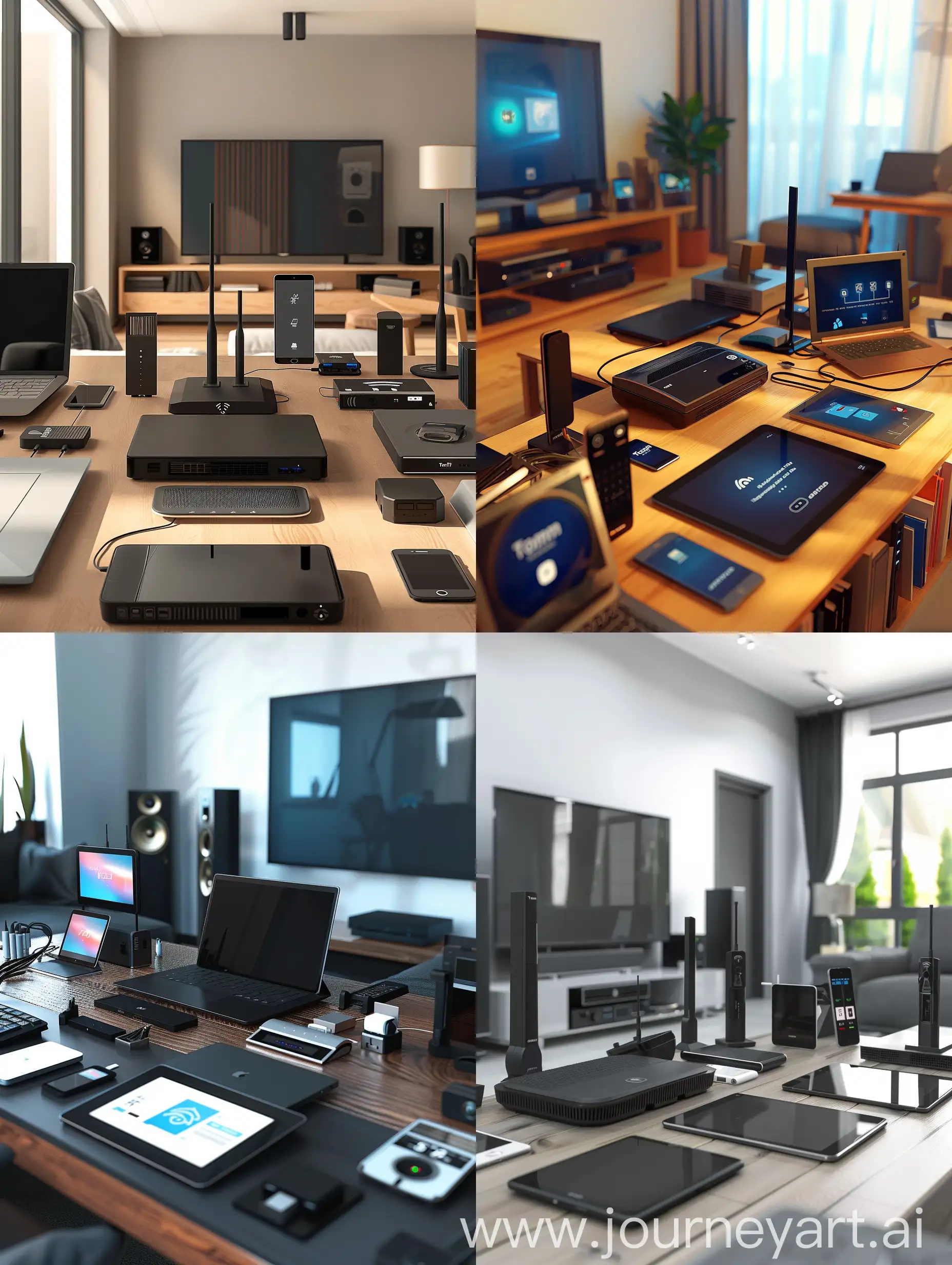 Hi! I need an image of a high quality living room, full of telekom equipment. Please make sure that it contains the following elements: - Router - Tablet - Notebook - Phone - Smart Home Devices like camera - TV - Settop Box for TV The picture shall be photo realistic.