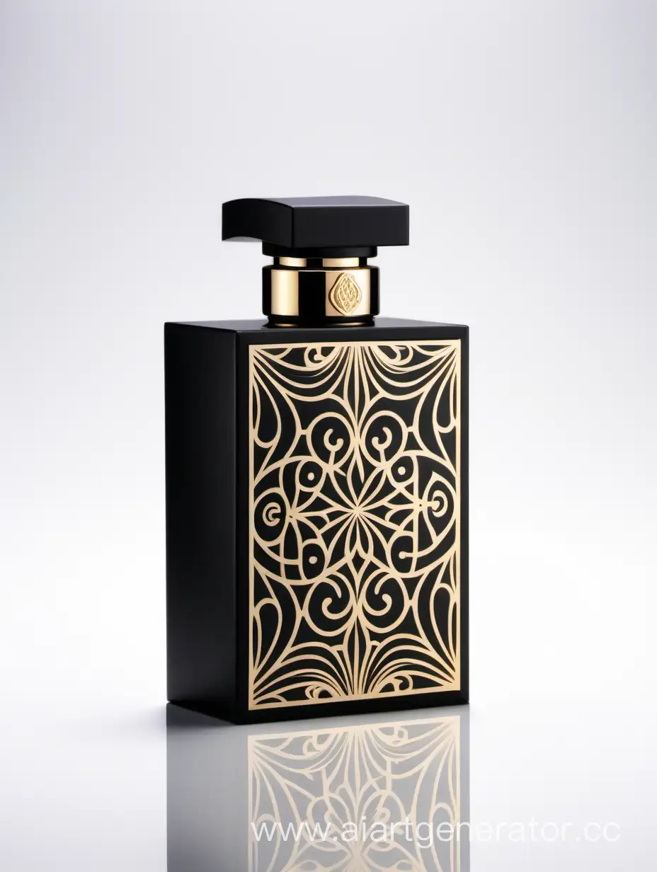 luxury perfume black box rectangle vertical box with lines with arabesque pattern on white background