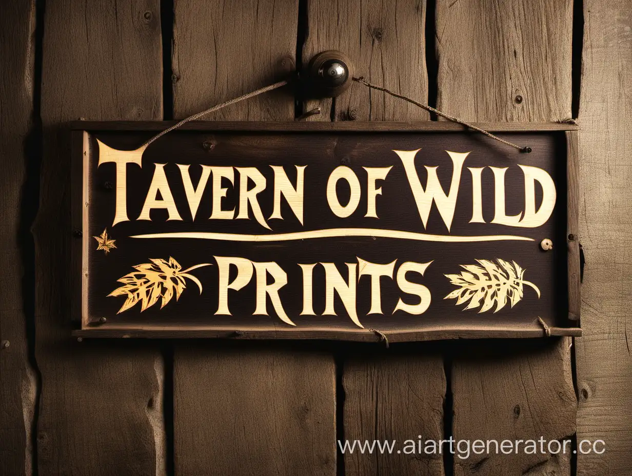Деревянная вывеска с надписью  "Tavern of wild prints" 