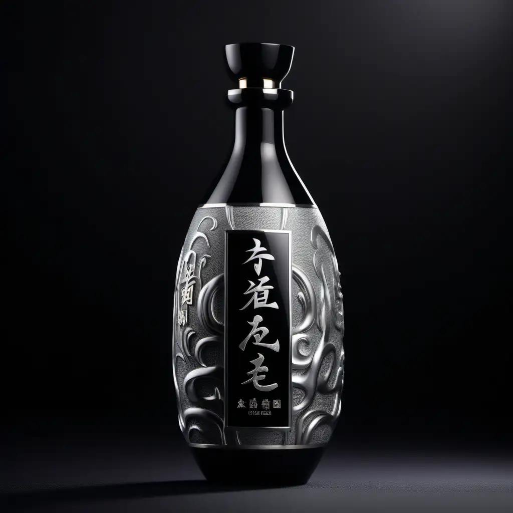 Chinese health and wellness liquor bottle design, high end liquor, stylish bottle shape, 500 ml ceramic bottle,  brand name is 玖莼, photograph images, high details, abstract texture, black and silver color