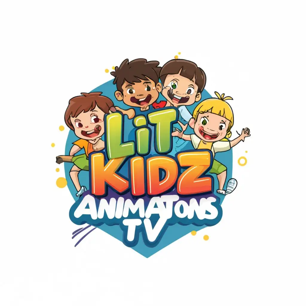 logo, KIDS PLAYING WITH YELLOW TEETH, with the text "LIT  KIDZ ANIMATIONS  TV🖥", typography, be used in Entertainment industry