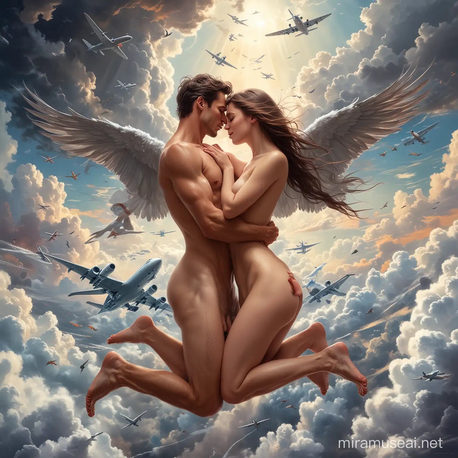Pasangan romantis. Mereka berdua telanjang. Mereka sedang bersetubuh di awan. Di sekitar ada pesawat terbang dan burung-burung.
