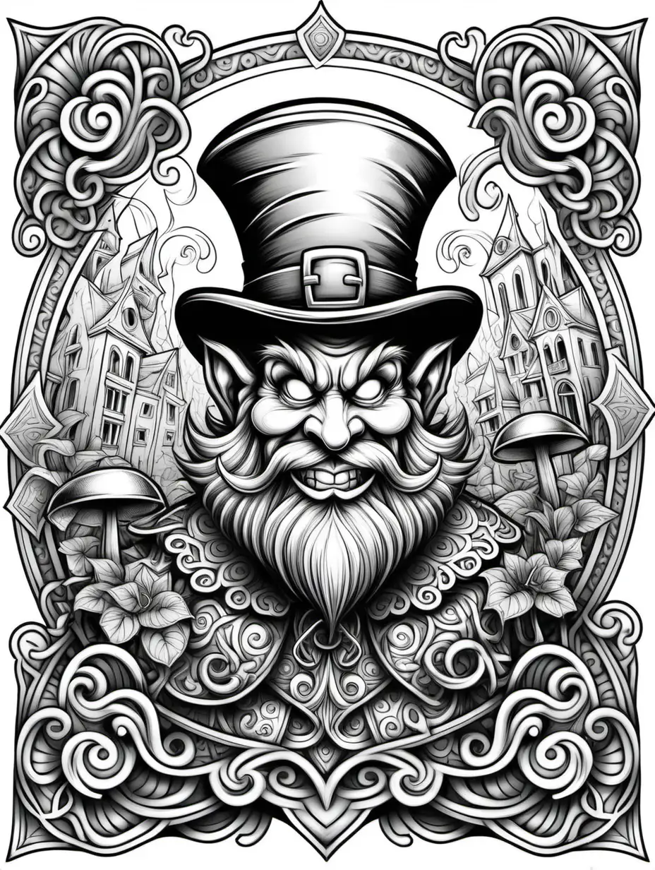 Coloring book page:: evil Leprechauns:: high detail adult coloring book page, mandala style, thin black lines white background, 1 bit line art coloring book, only draw outlines, crisp, thick outlines, use up the entire screen, outline art, storybook illustration –no noise, book, logo, page, letters, words, markers, grayscale, –no black background –ar 3:4 –v 4
