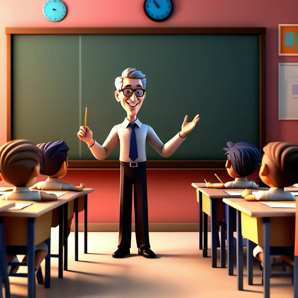 Create a 3D illustrator of an animated scene of a teacher standing in front of the students with a table in front of him in a classroom. Beautiful and spirited background illustrations.