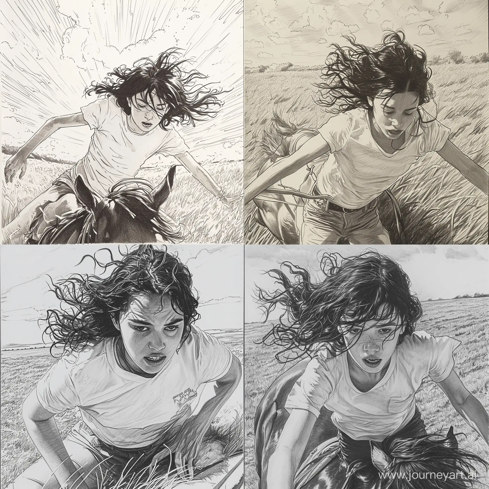 A teenage girl in a white T-shirt, with black wavy hair, falls from a horse, drawn in pencil, sunny, a field of grass
