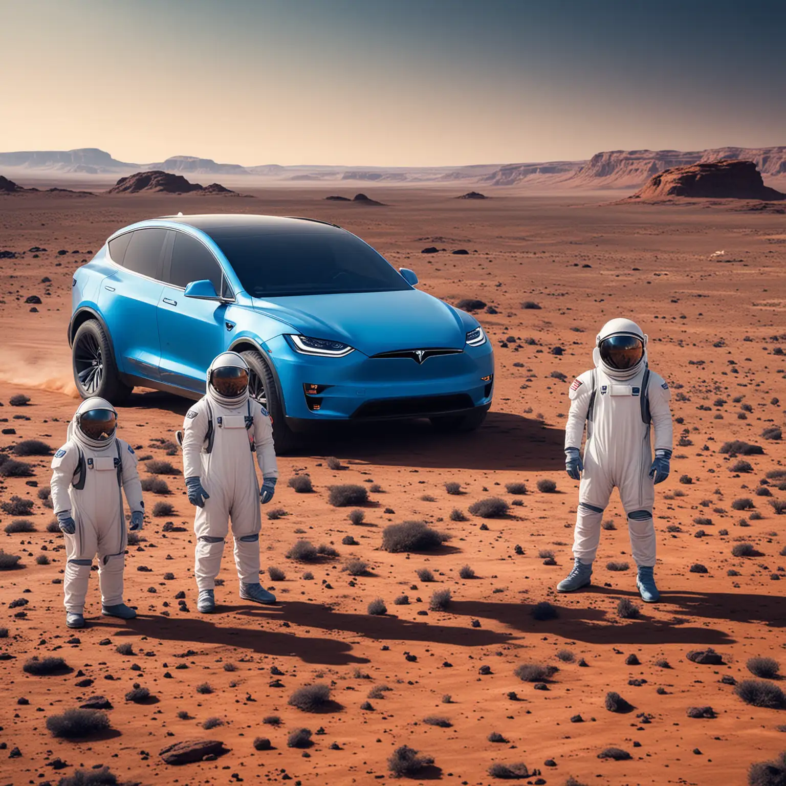 on the planet mars a blue tesla Y model and two white robes astronauts