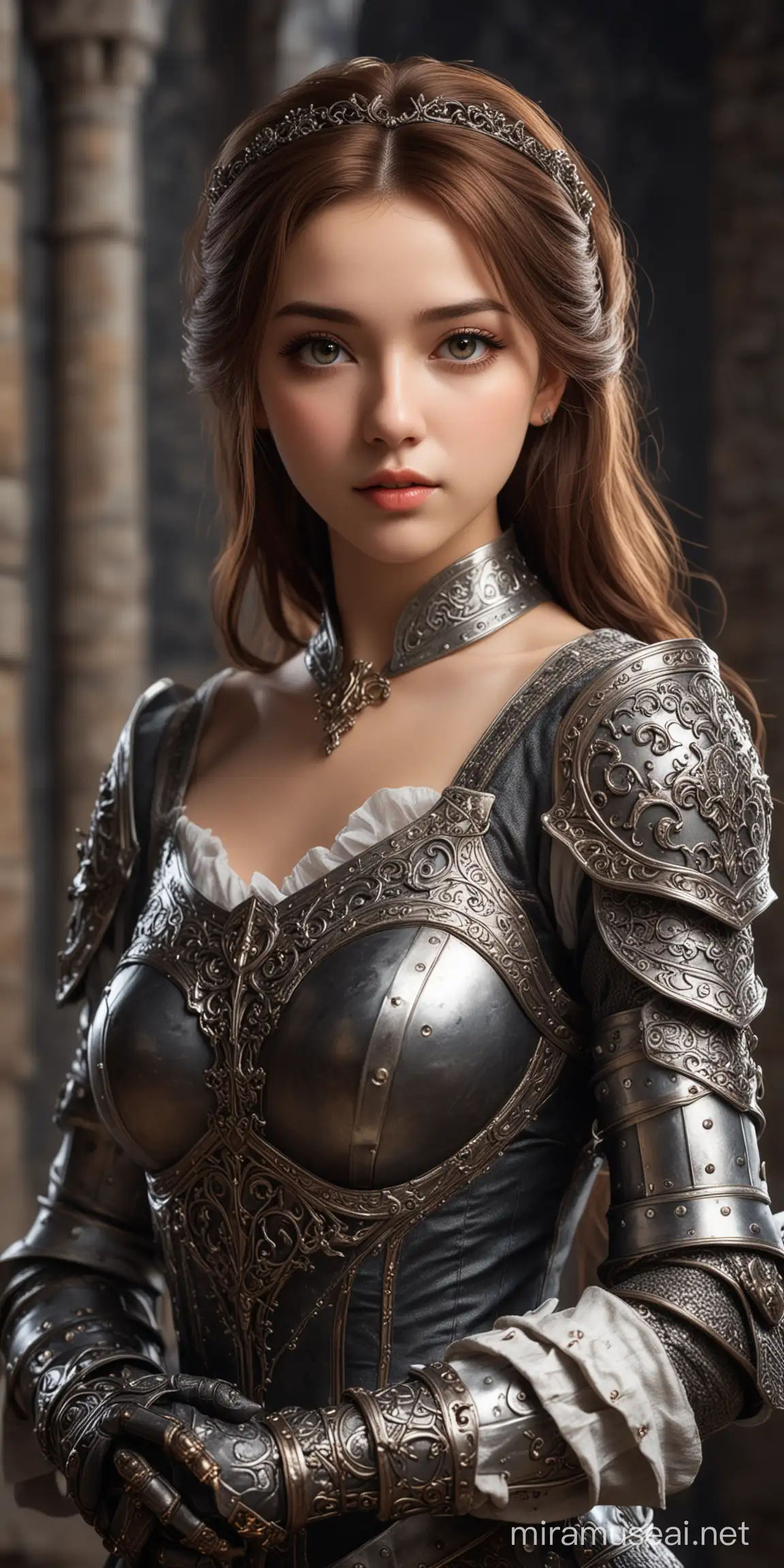 Elegant Knightess A Stunning Digital Art of a Beautiful Idol Girl in a Castle Setting with Professional Studio Lighting