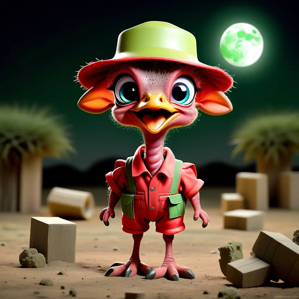 a red baby ostrich under green moonlight dressed like a carpenter 