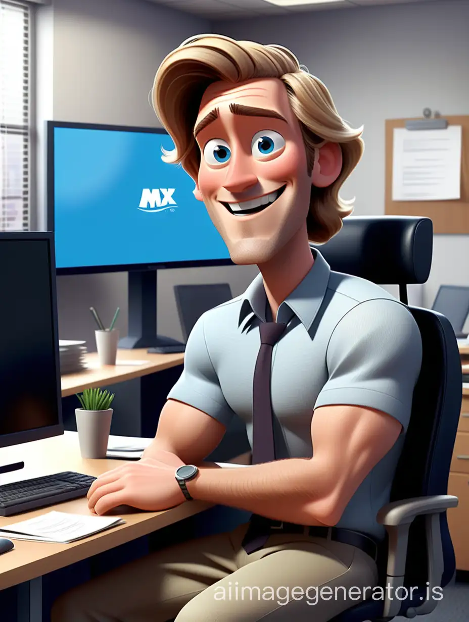 "Create a Pixar-style illustration of a happy white man, middle young age man with half long bronde hair, haircut: Long side parting, blue eyes, and a  little bronde facial hair seated behind a desk in an office, normal body size. The picture features a large TV screen dominating the upper half, with the man proportionally smaller. Emphasize the joyful atmosphere and office setting in the design."