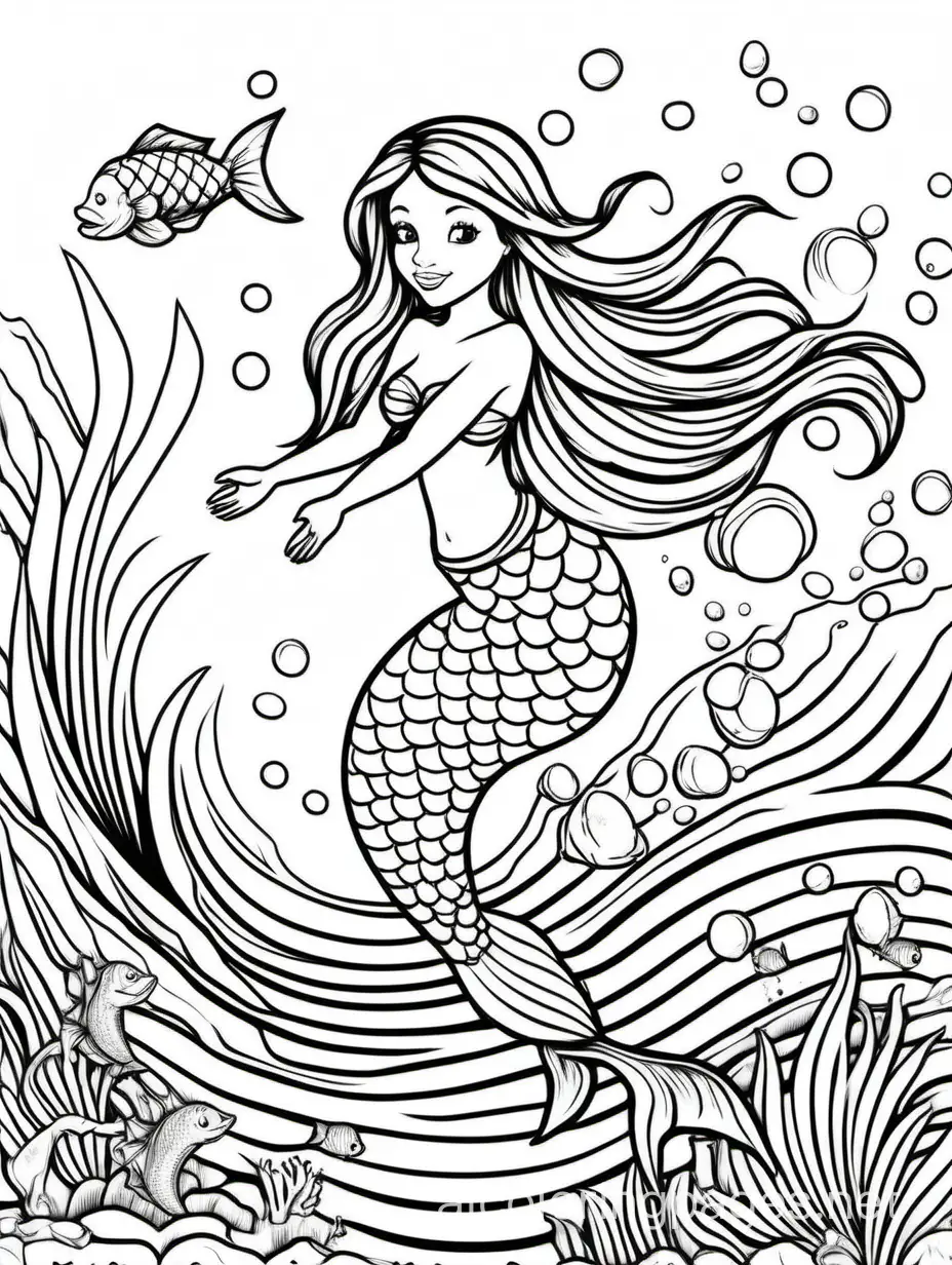 mermaid for kids  ocean animals, Coloring Page, black and white, line art, white background, Simplicity, Ample White Space. The background of the coloring page is plain white to make it easy for young children to color within the lines. The outlines of all the subjects are easy to distinguish, making it simple for kids to color without too much difficulty