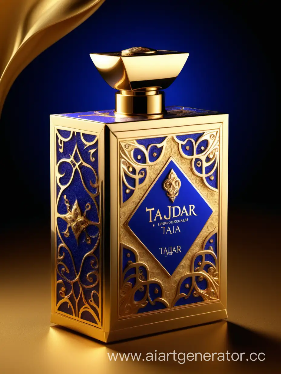 Luxurious-TAJDAR-Perfume-Box-Elegant-Gold-Royal-Blue-and-Beige-Design