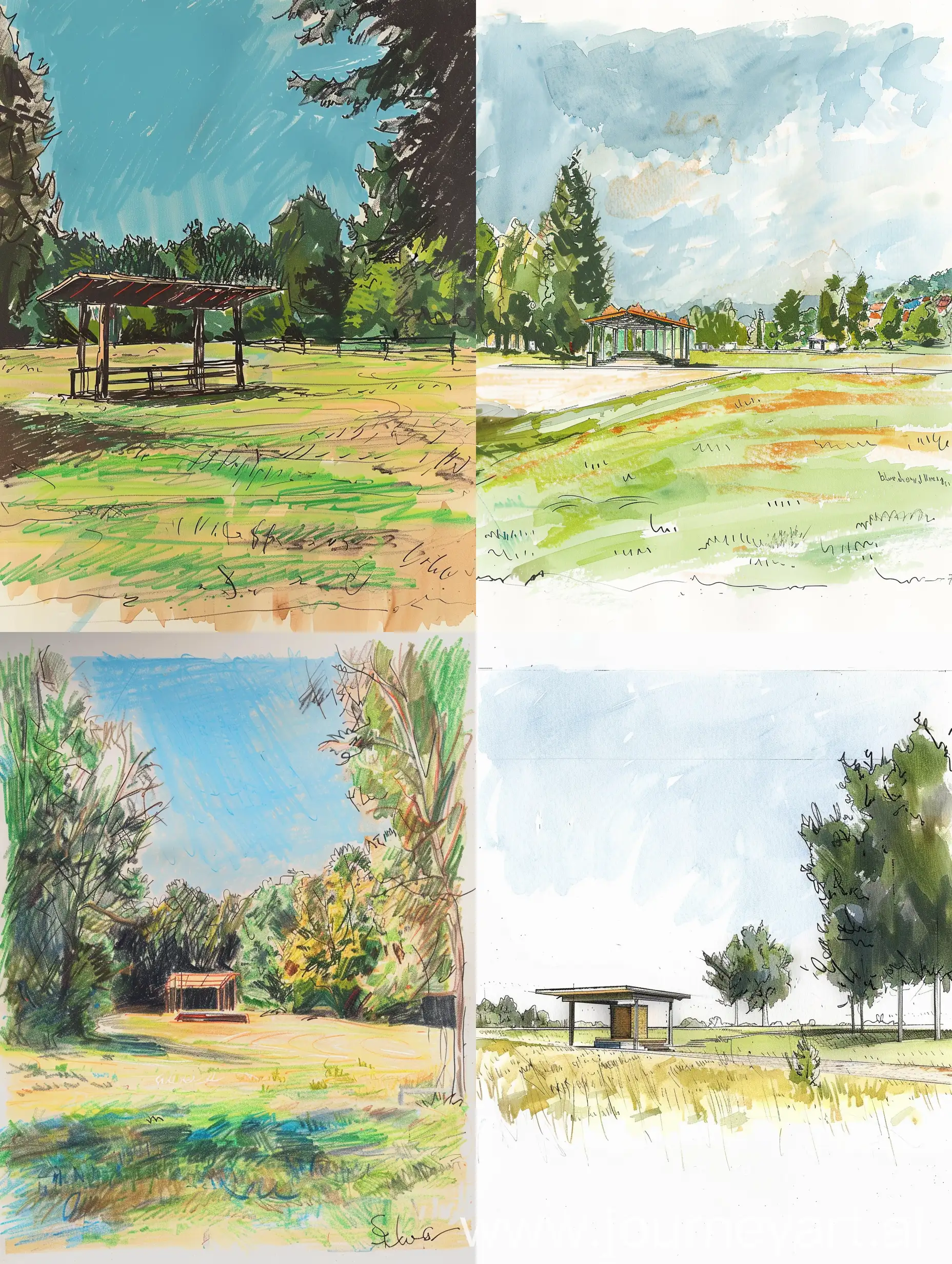 open field with small stage, sketch style, color
