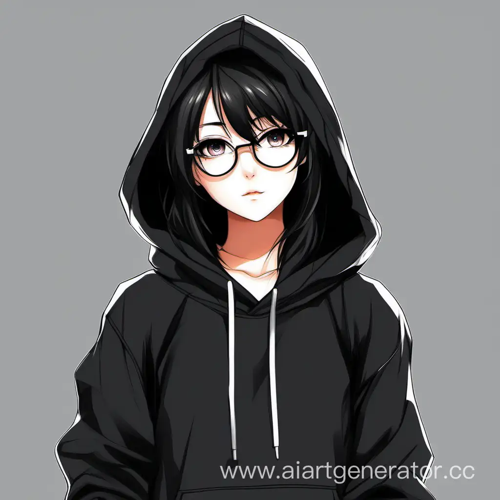 Create me an animated picture that shows an anime girl on a white background in a black hoodie, with glasses and black hair