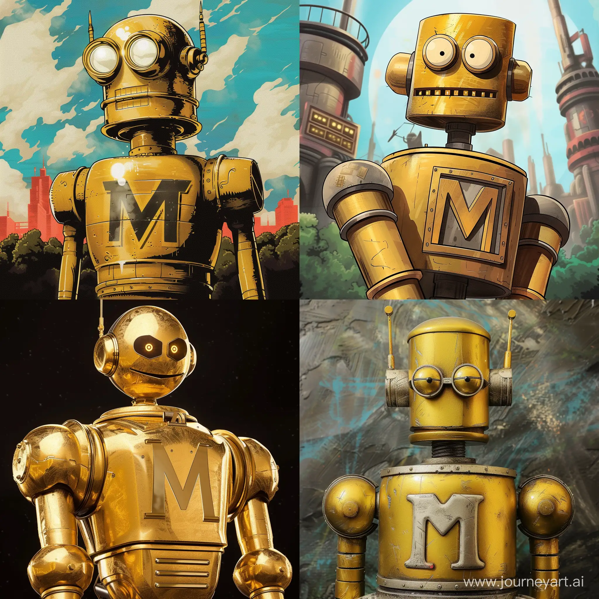 Futurama style album cover of a gold robot with a M on it
