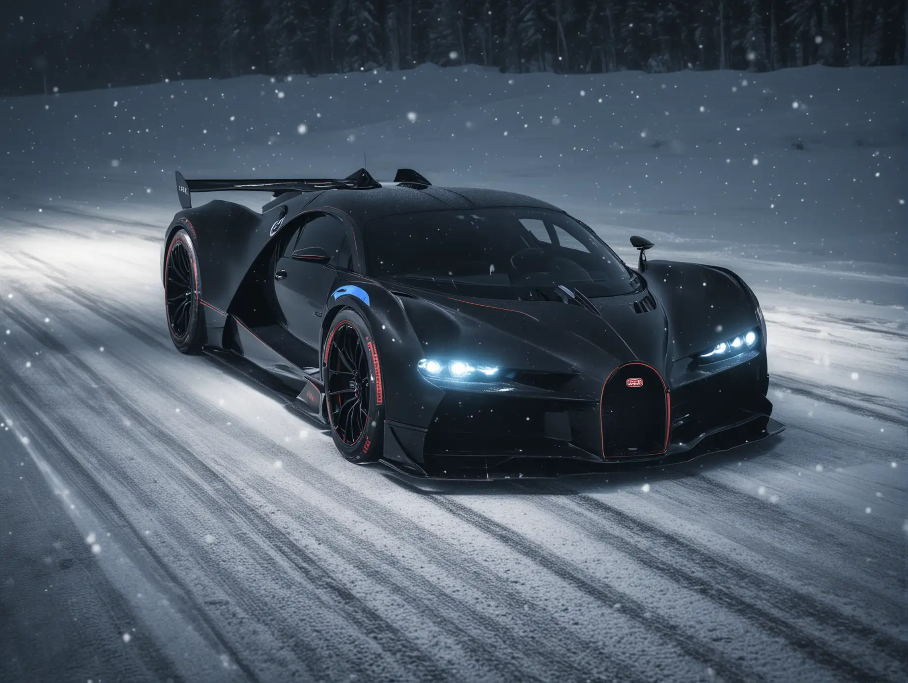 TUNED  bugatti bolide DRIVING AT NIGHT DRIFTING DARK COLORS THE ROAD BLACK CARBON THE CAR COLOR darker make to  snow add light on the tires