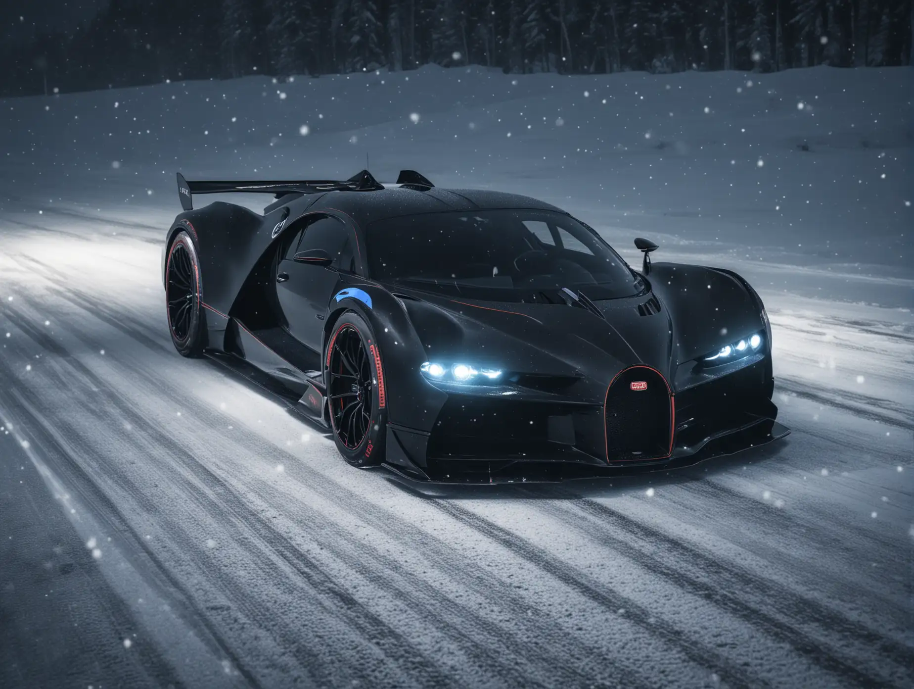 TUNED  bugatti bolide DRIVING AT NIGHT DRIFTING DARK COLORS THE ROAD BLACK CARBON THE CAR COLOR darker make to  snow add light on the tires 