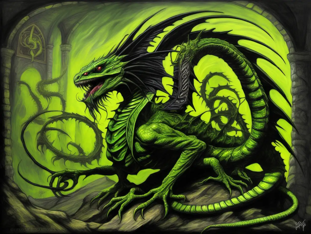 Medieval Fantasy Painting of Acid Green Basilisk with Eight Legs