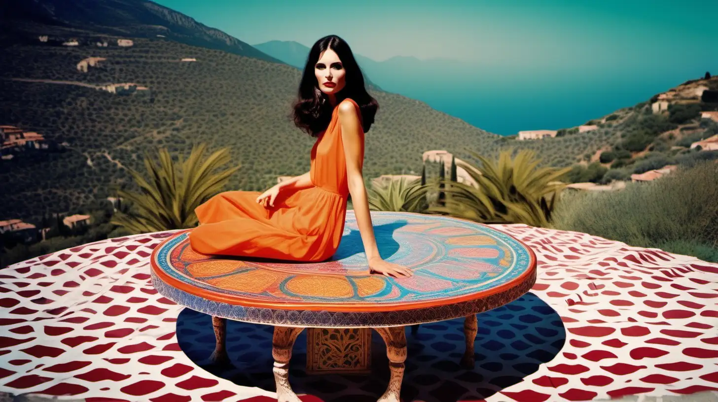 Vintage 

High fashion. 
Mountains
A tall model that looks like the mona lisa. Dark hair.  with wide hips, In  Deia in Mallorca mountains. 
wearing colourful 60s European summer wear. 
Sitting on a round morrocan table.

Film look with fish eye