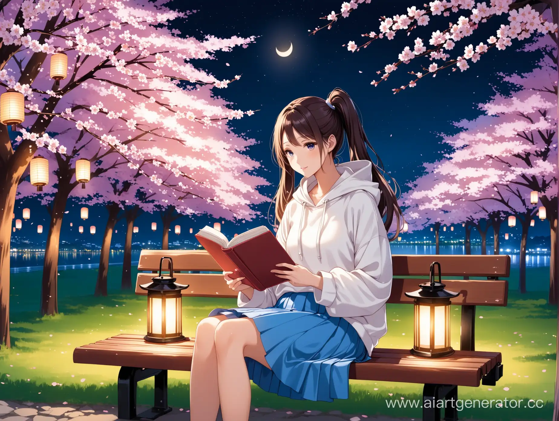 Woman-Reading-Book-in-Cherry-Blossom-Night-Park