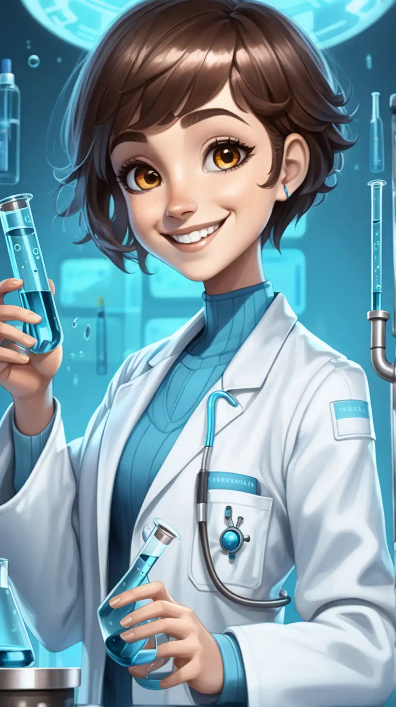 dentro de um laboratorio futurista com temas em azul , crie uma mulher avatar feliz, rosto aredondado com cabelos bem curtos (olhos castanhos) e sorriso contagiante, usando jaleco branco ,  segurando um tubo de ensaio com liguido  