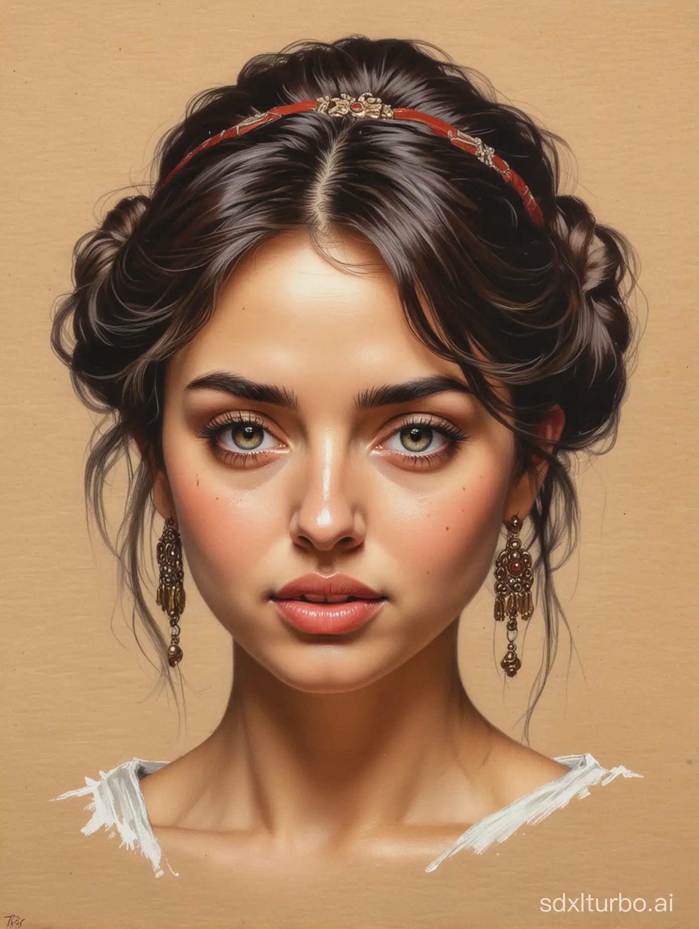 color Pencil sketch of beautiful Ana de Armas, Head sketch by Ilya Repin,Proud, sinister, evil,Big earlobes, Buddha, Keep eyes open, on handmade paper,Martial arts themes,Jin Yong's world view,monochrome,