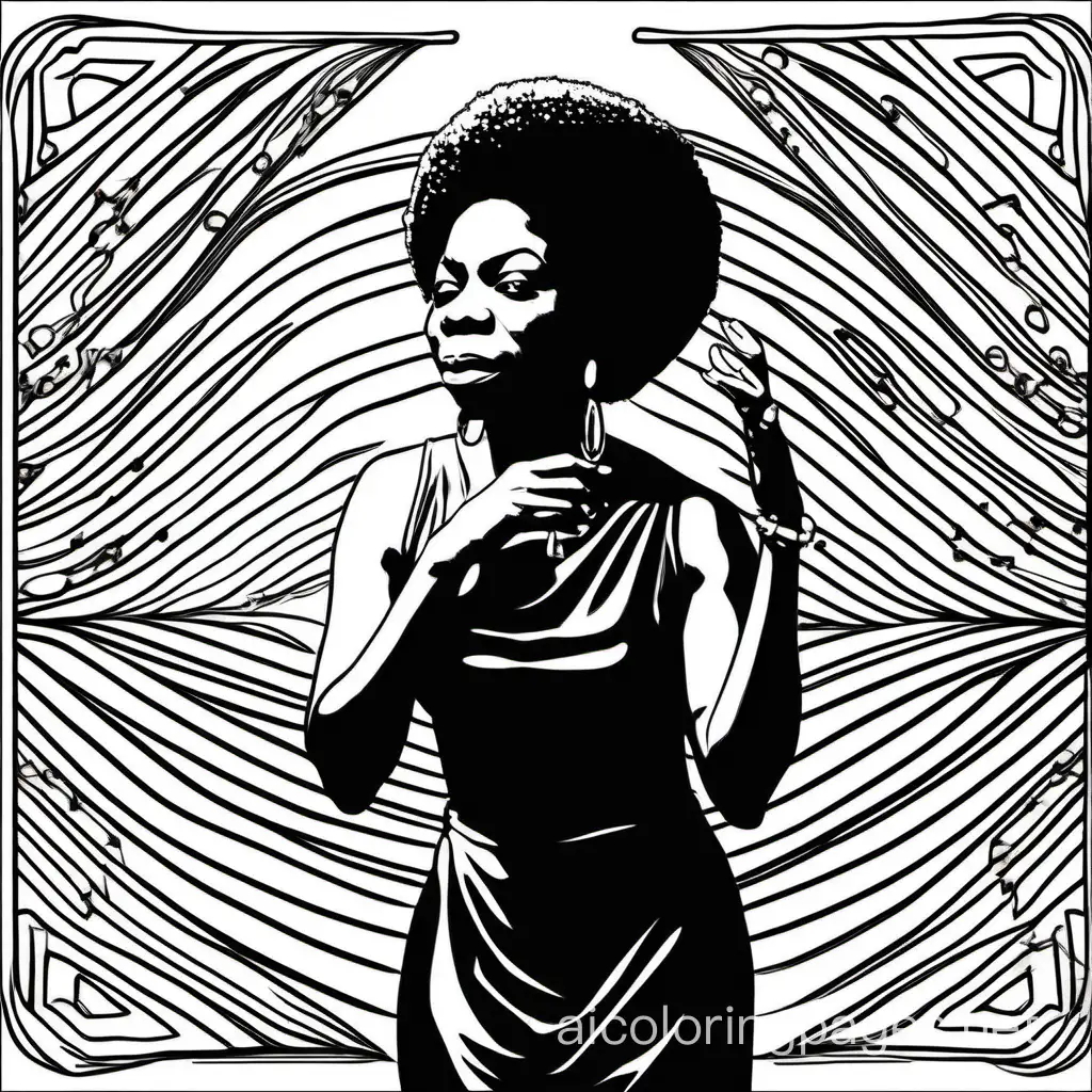 create an original coloring page of a concert poster of nina simone, Coloring Page, black and white, line art, white background, Simplicity, Ample White Space. The background of the coloring page is plain white to make it easy for young children to color within the lines. The outlines of all the subjects are easy to distinguish, making it simple for kids to color without too much difficulty