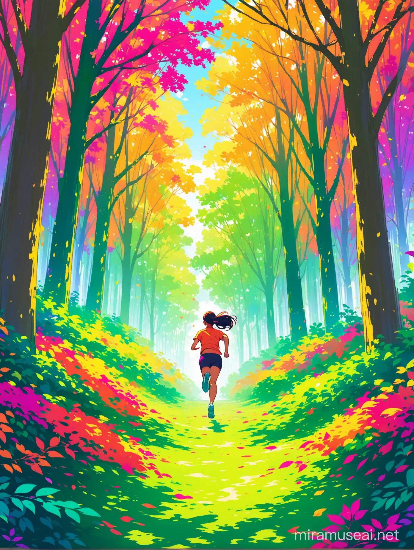 a person running through a vibrant forest, surrounded by lush greenery and colorful foliage.