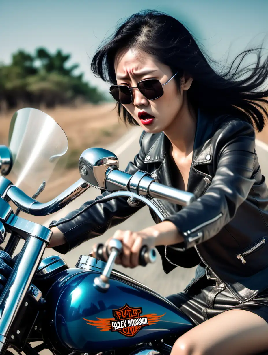 korean lady in furious deep depression driving chopper Harley Davidson. pulp fiction style

