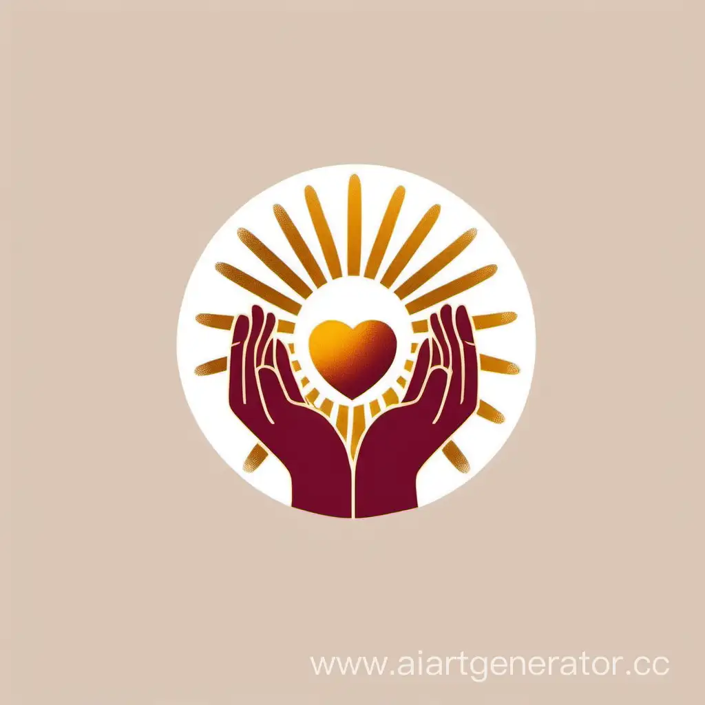 Логотип в стиле минимализм. нарисована крыша, снизу руки. руки держат солнце и сердце. логотип в цветах золото и бордо.
