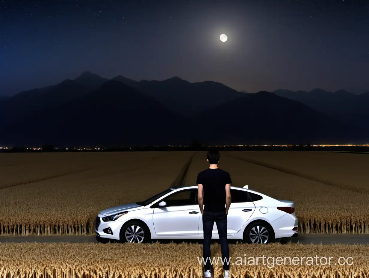 Starry-Night-Drive-Darkhaired-Man-in-White-Sedan-amidst-Moonlit-Wheat-Field