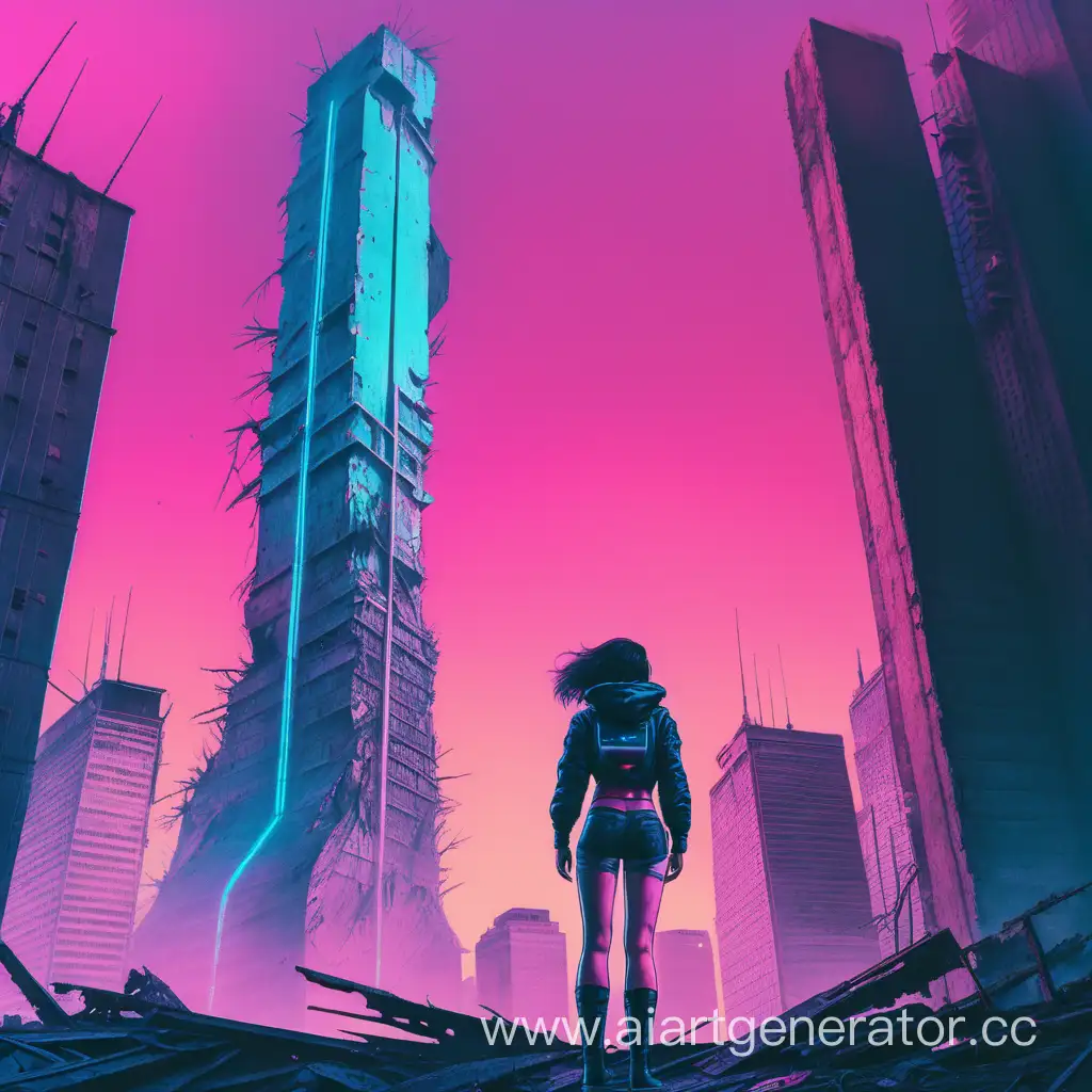 Cyberpunk-Girl-Contemplating-Ruined-Skyscraper-in-Retrowave-Setting