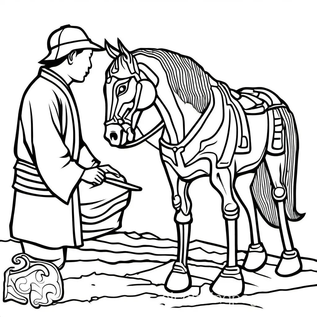 chnese archeologist looking at a terracotta horse , Coloring Page, black and white, line art, white background, Simplicity, Ample White Space. The background of the coloring page is plain white to make it easy for young children to color within the lines. The outlines of all the subjects are easy to distinguish, making it simple for kids to color without too much difficulty