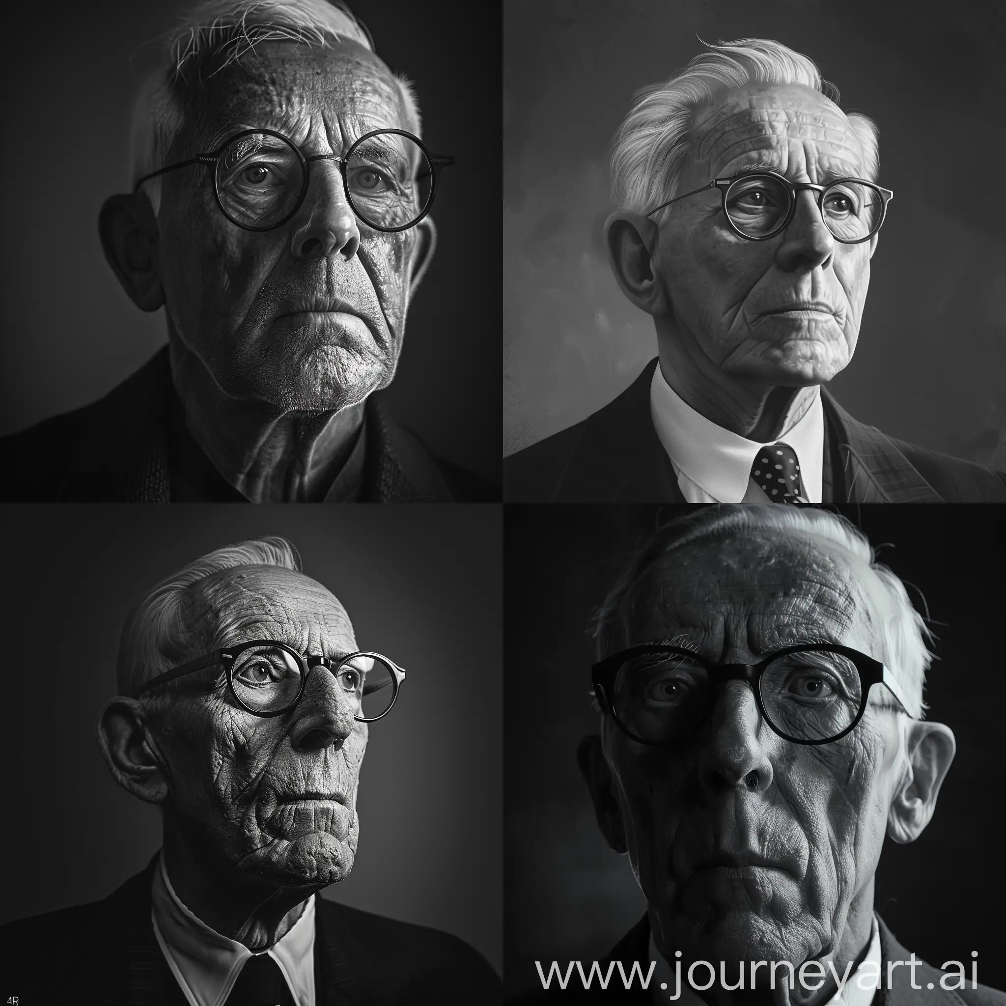 Create a photorealistic Le Corbusier portrait. Please use black and white portrait format. 4k quality.