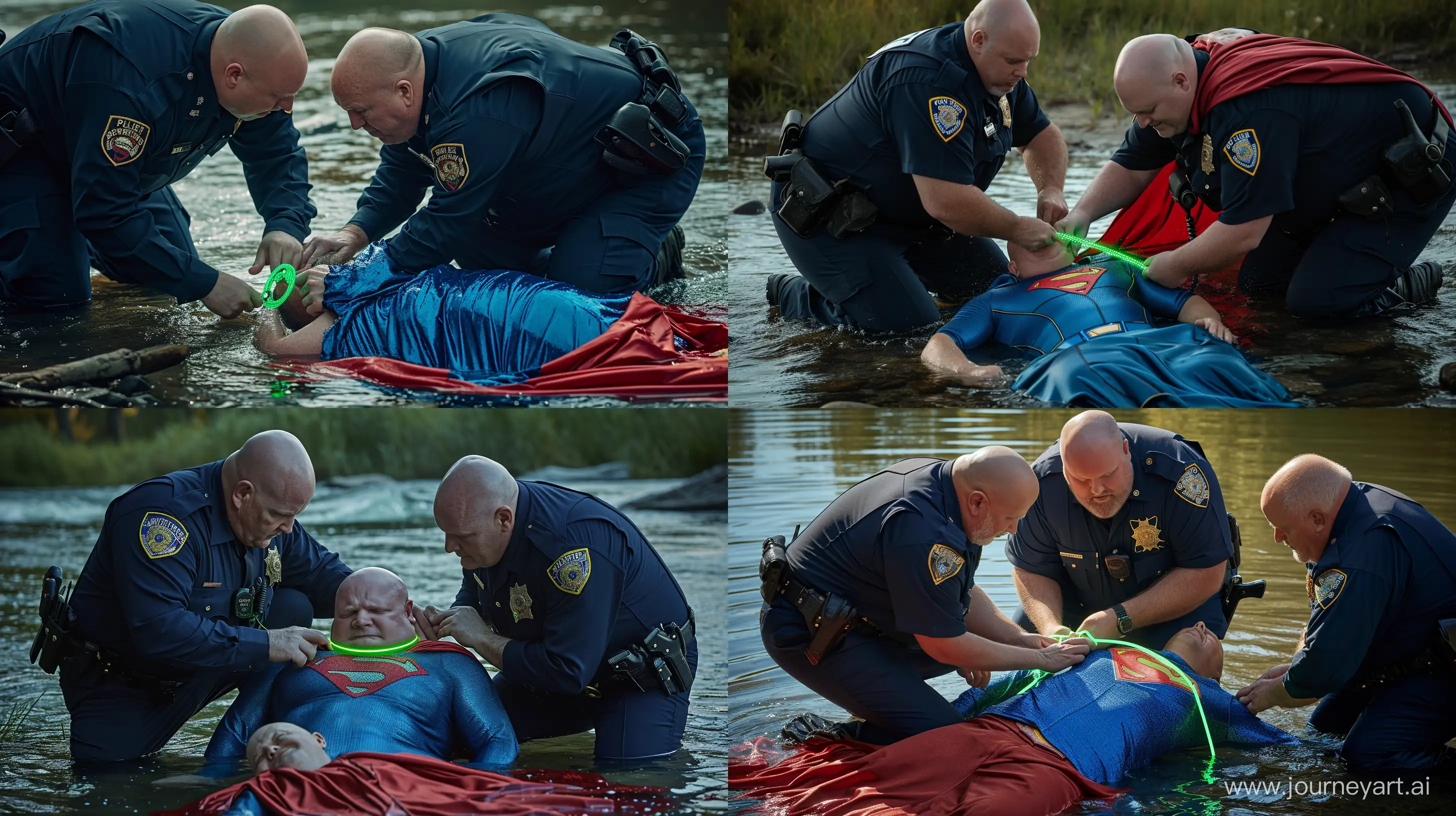 Close-up photo of two chubby man aged 60 wearing a navy police uniform, kneeling and tightening a green glowing small short dog collar on the neck of another chubby man aged 60 lying in the water and wearing a tight blue silky superman costume with a large red cape. River Outside. Natural light. Bald. Clean Shaven. --style raw --ar 16:9 --v 6