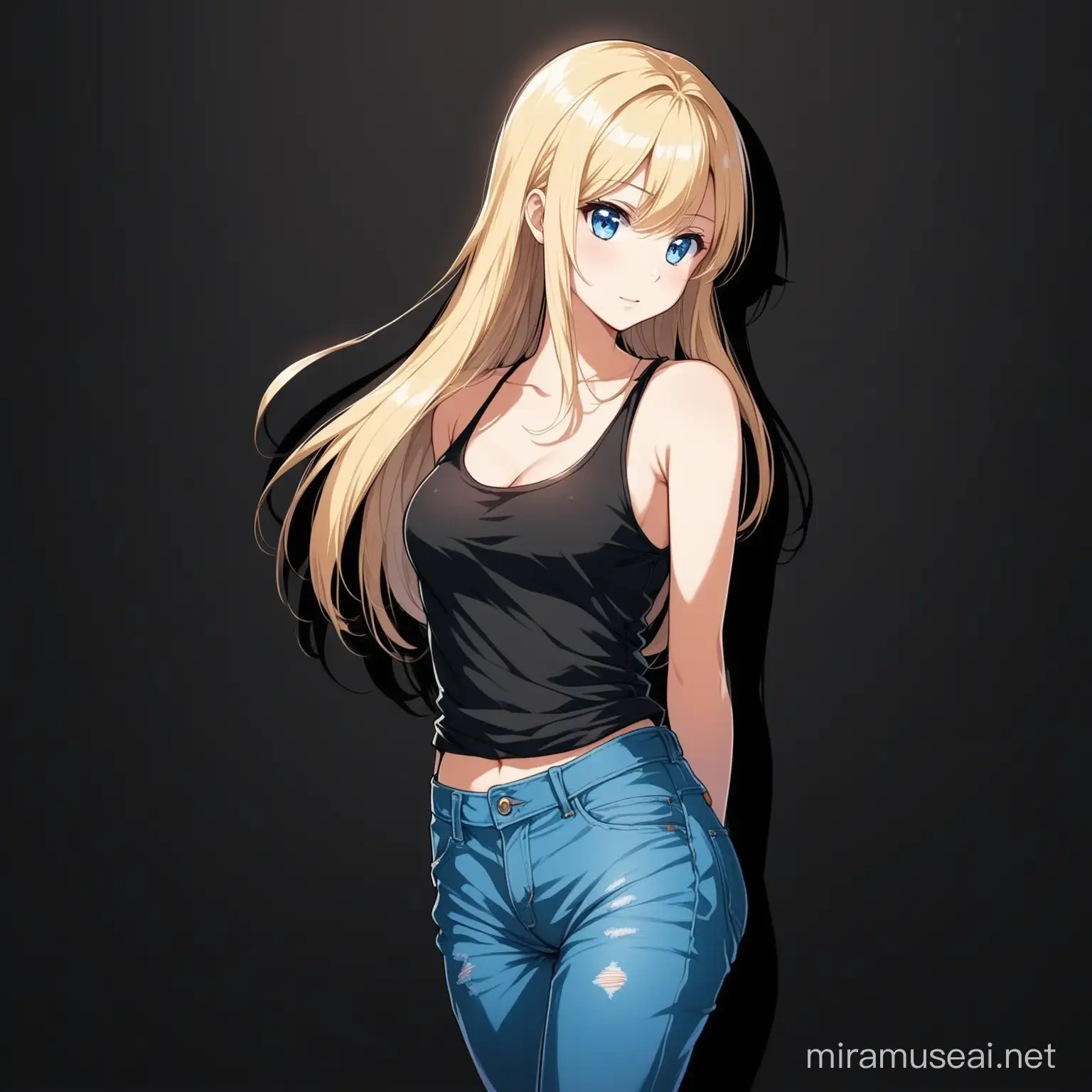 25 Jährige Frau, blondes langes Haar zur Seite gekämmt, blaue Augen, schwarzes Tanktop und Jeans, Aufnahme, süß, sexy, dunkel, Schatten, Schwarzer Hintergrund, Anime