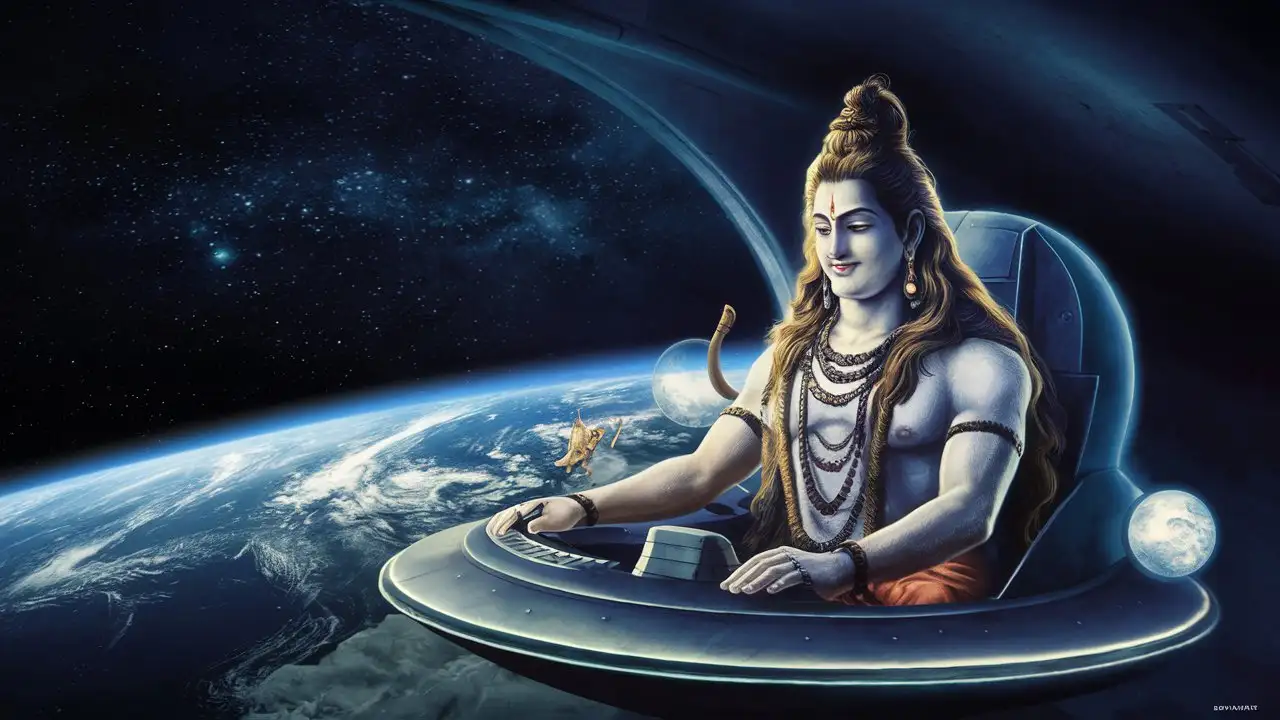 lord shiva is sitting in the front window piloting a UFO, looking towards the earth from space. Make a photo like this.





