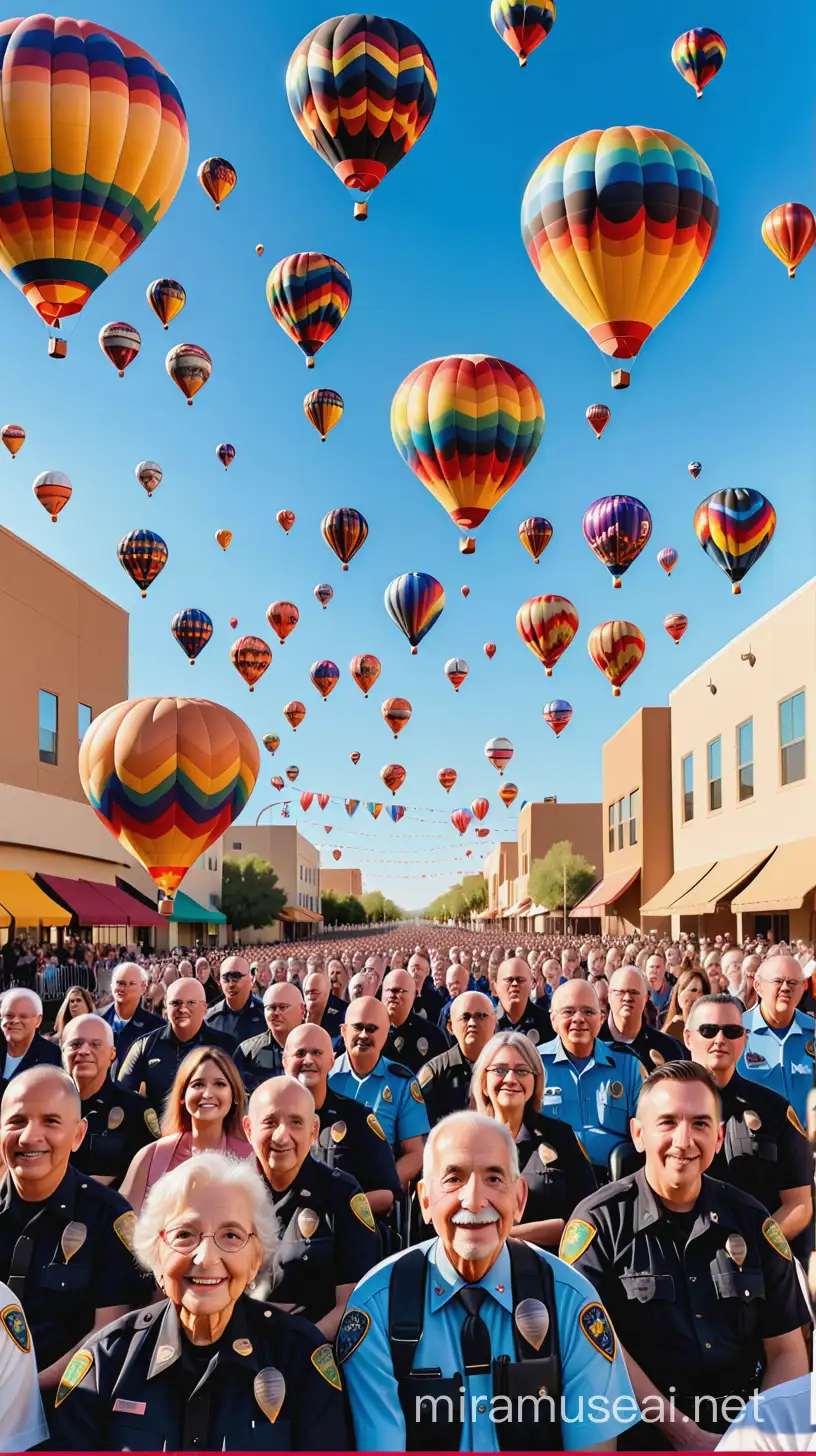 poster style, individuals facing the camera, In Albuquerque, New Mexico, the backdrop is set with hot air balloons dotting the sky, everyone facing forward, A festive celebration with elderly individuals rejoicing alongside police officers and firefighters. People in wheelchairs, joyous crowd,