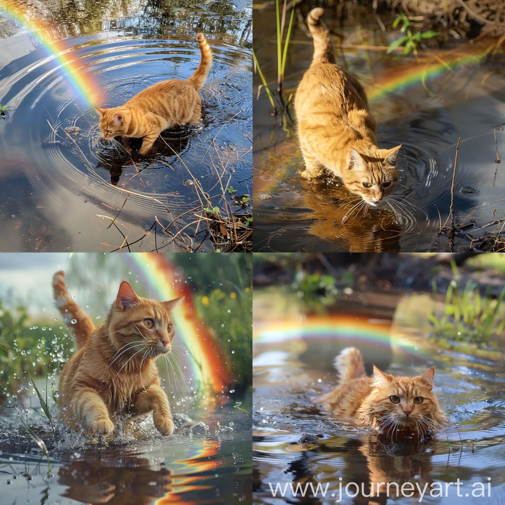 橘猫 玩耍 水塘 雨后彩虹