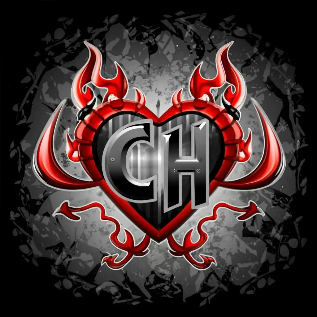 logo, 3D Black and red heart with devil horns and devil tail with long flames under, with the text "CH", typography, white background