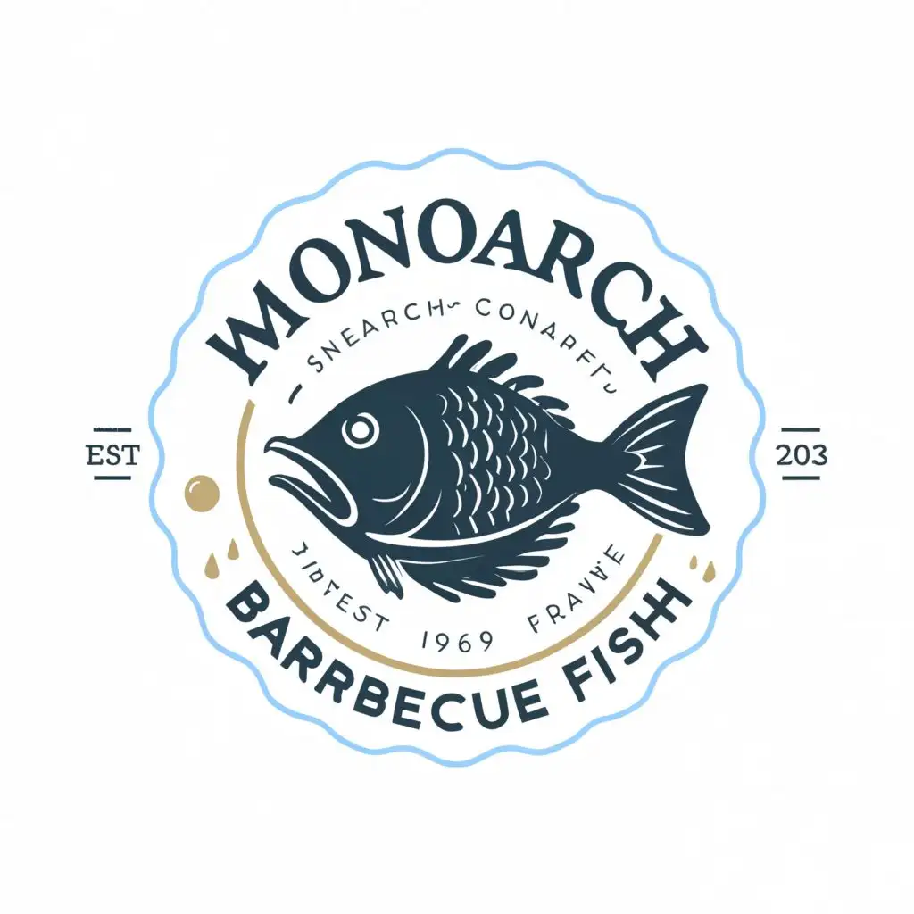 a logo design,with the text "MONARCH HONEY BARBECUE FISH", main symbol:Make a minimalist logo, SAMPLE OF A WELL BARBECUE SEA FISH , COLORS  ROYAL-BLUE AND WHITE,Moderate,be used in Restaurant industry,clear background