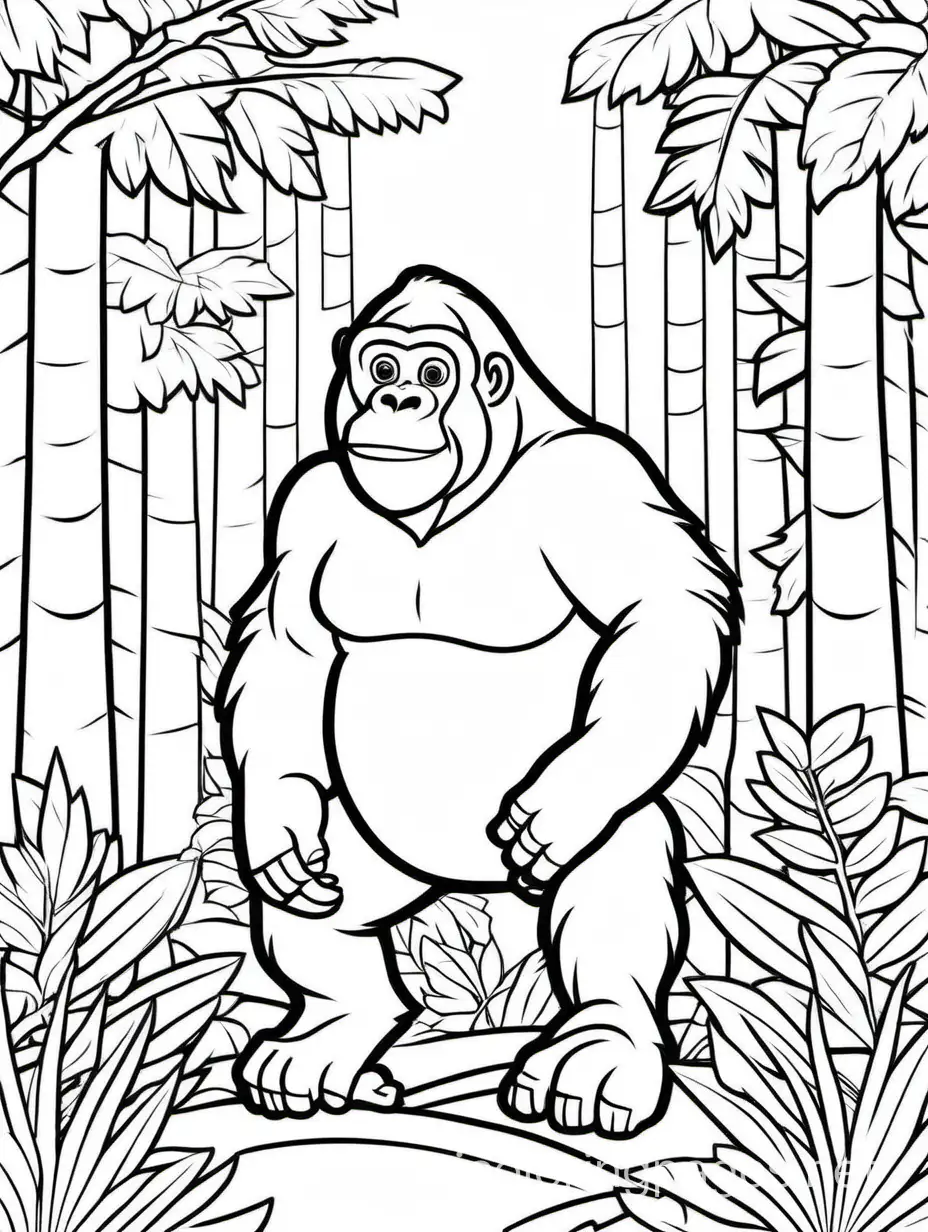 line art, outline image, illustration, coloring sheet, white background, vectorize, cute gorilla in the forest for kids to color, Coloring Page, black and white, line art, white background, Simplicity, Ample White Space. The background of the coloring page is plain white to make it easy for young children to color within the lines. The outlines of all the subjects are easy to distinguish, making it simple for kids to color without too much difficulty