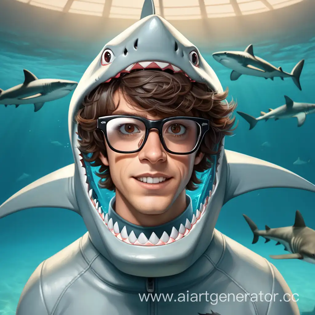 
Человек с бурыми волосами и очками в костюме акулы
