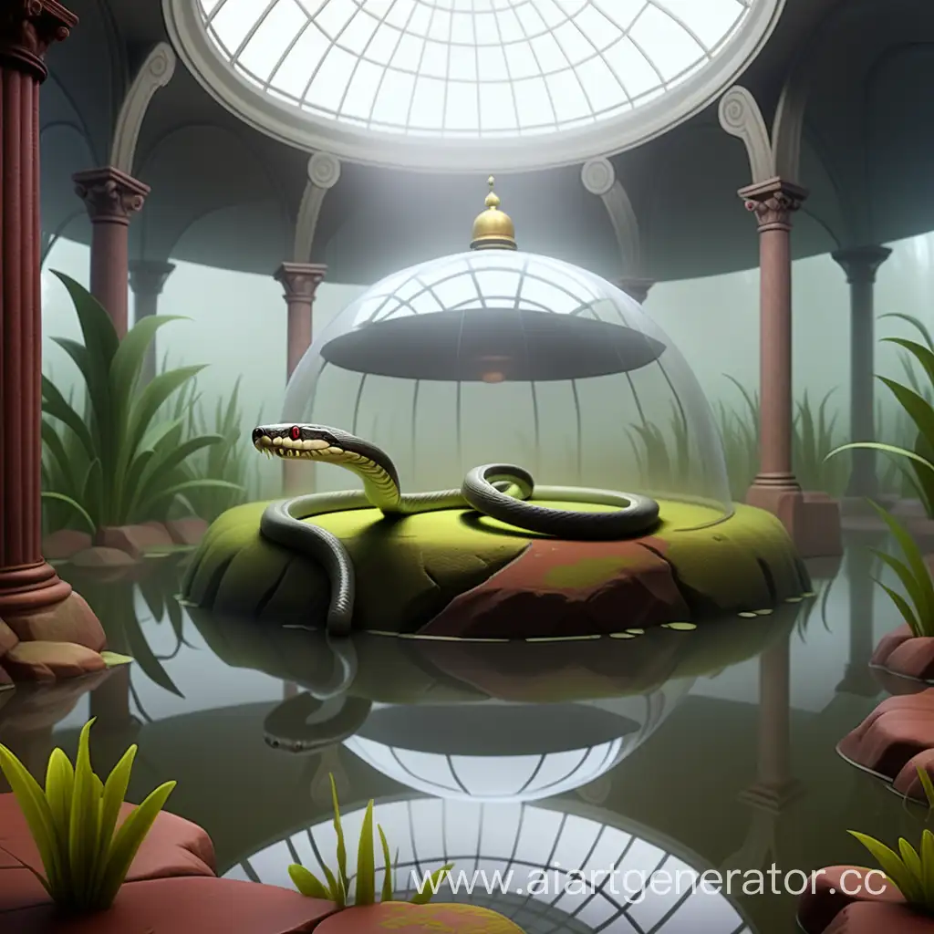 Mysterious-Snake-Swimming-in-Foggy-Lake-Under-Dome